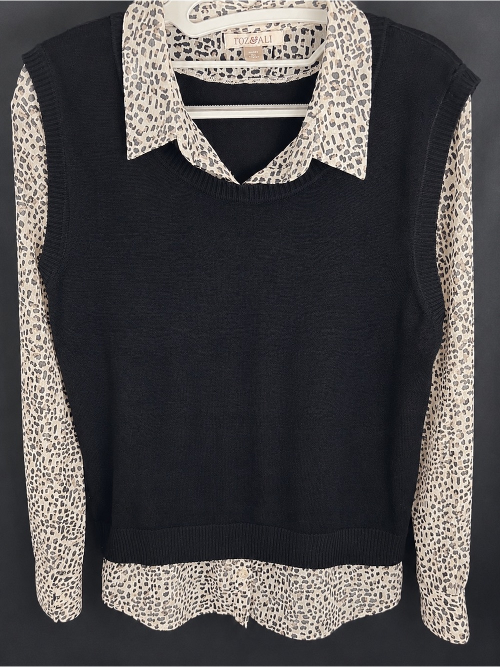 Roz & Ali Black Sweater Vest with Cream and Black Animal Print Blouse